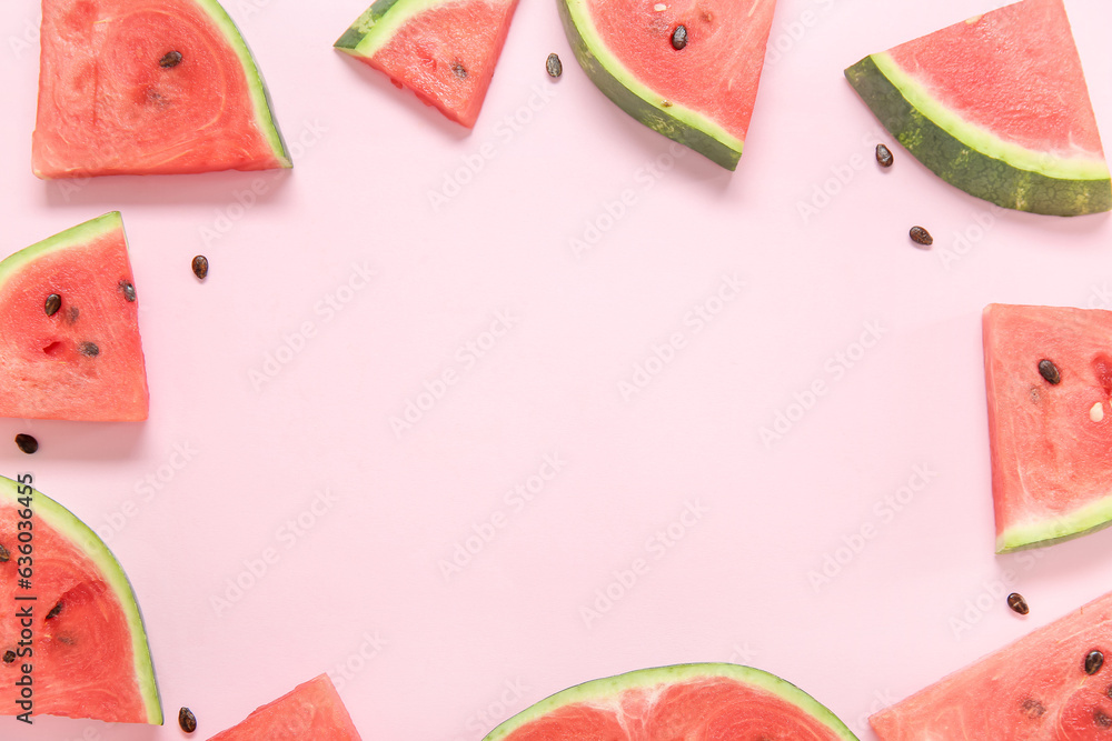 Frame made of ripe watermelon pieces on pink background