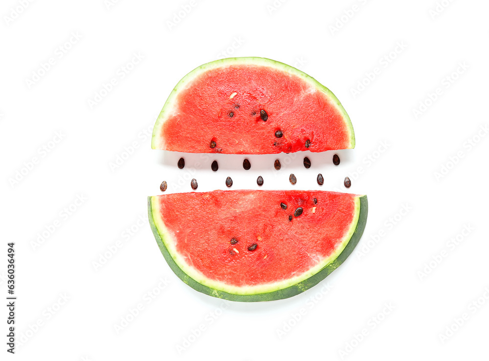 Composition with pieces of fresh ripe watermelon and seeds on white background