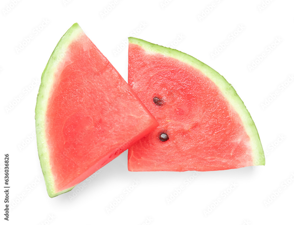 Pieces of ripe watermelon on white background