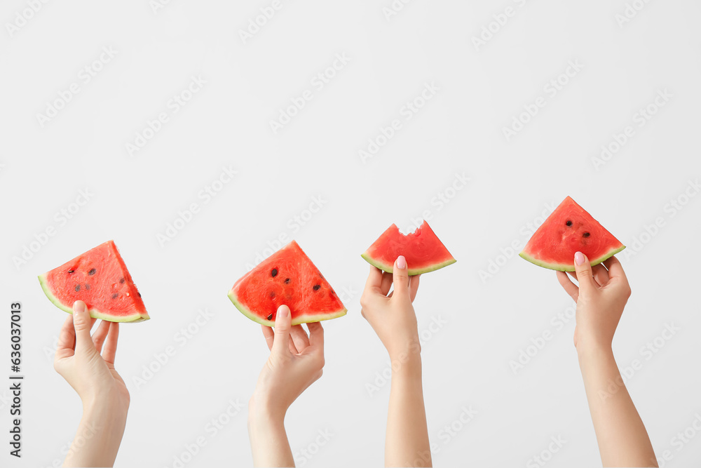 Female hands with pieces of ripe watermelon on white background