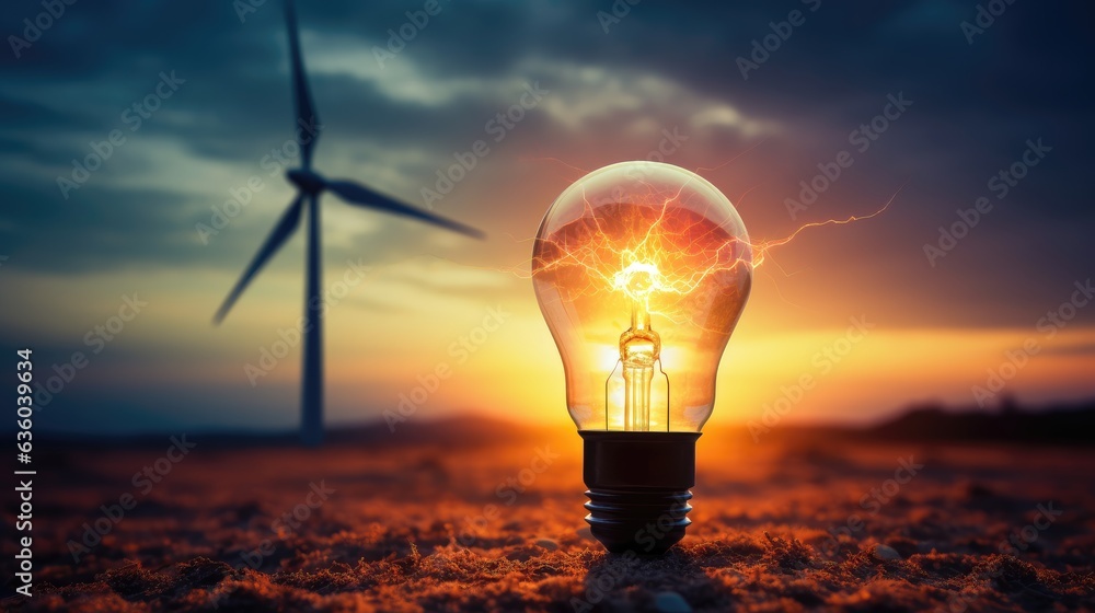 light bulb in the sun with wind power plant, in the desert