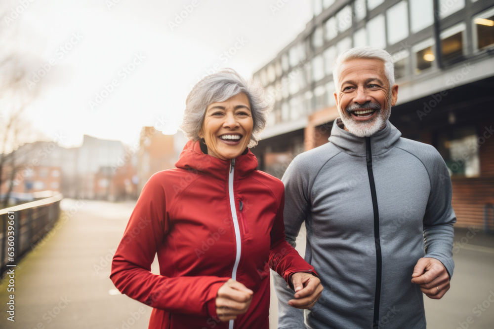 Happy couple of elderly people jogging together in city streets.