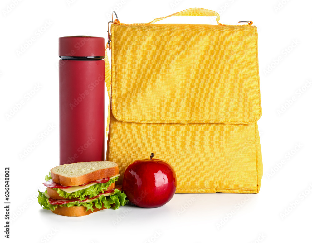 Lunch box bag with thermos, apple and sandwich isolated on white background