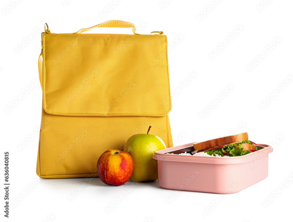 Bag with lunchbox and fruits isolated on white background