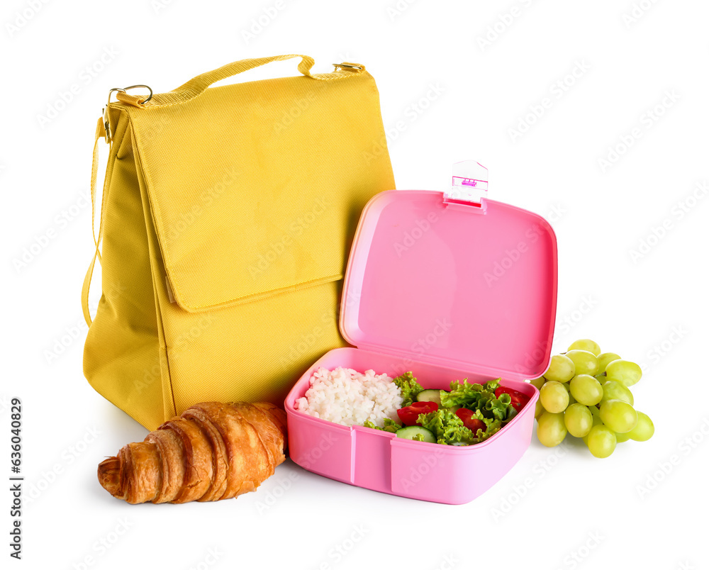 Bag with lunchbox and food isolated on white background