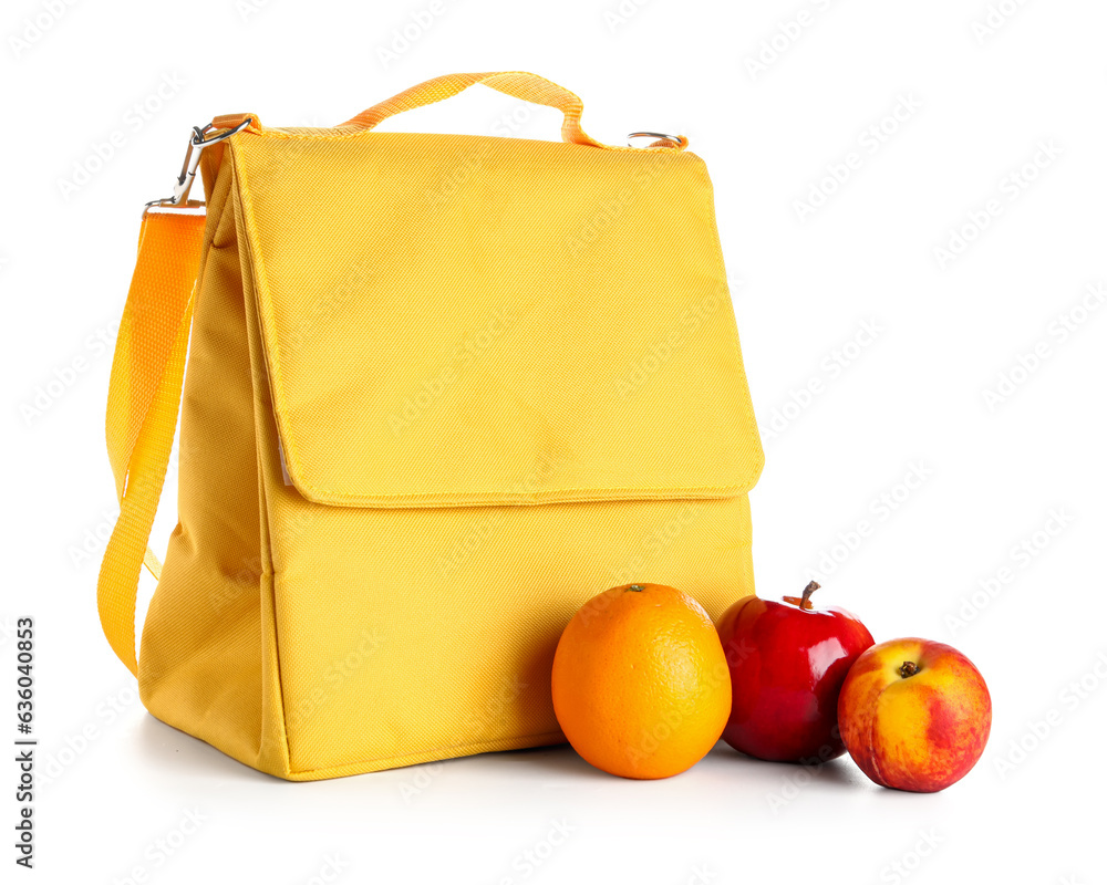 Lunch box bag with fruits isolated on white background