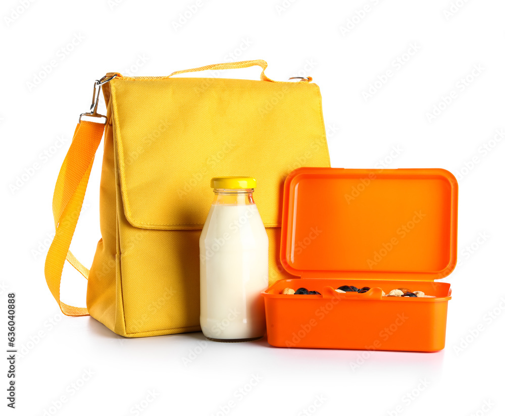 Bag, bottle of milk and lunchbox with tasty food isolated on white background