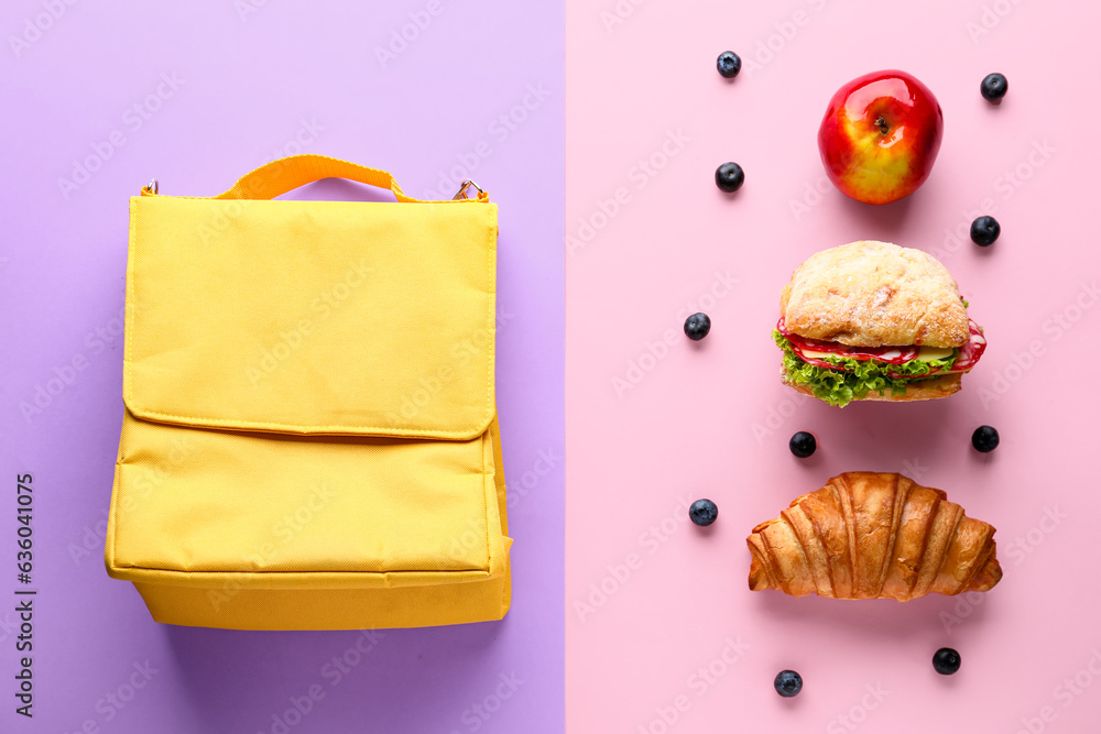 Lunch box bag and different tasty food on color background