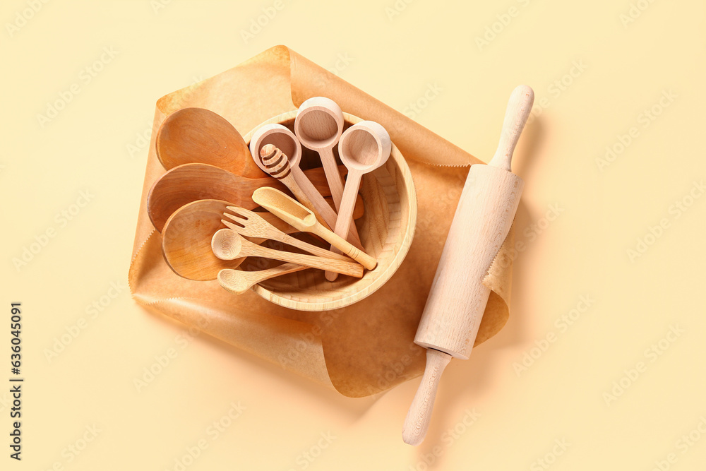 Baking utensils on beige background