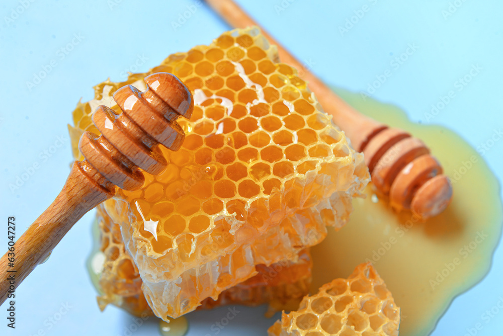 Sweet honeycombs and dippers on blue background