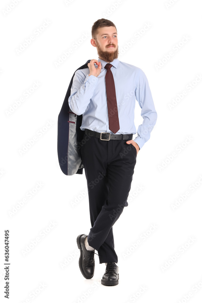 Portrait of handsome businessman with suit over shoulder on white background