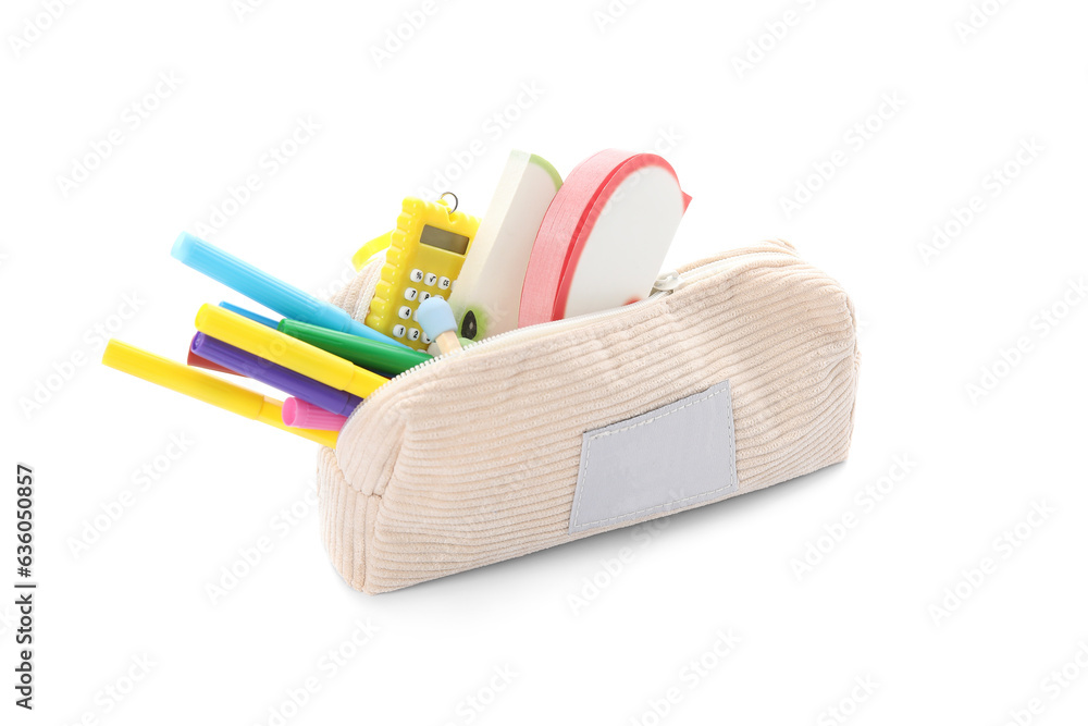 Stylish pencil case with different stationery on white background