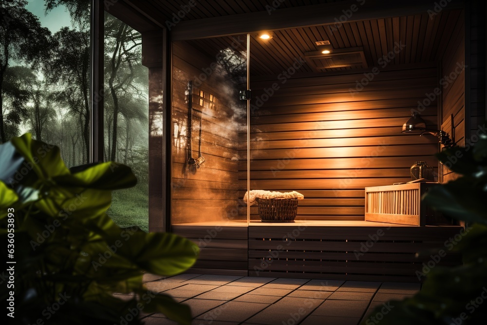 interior of a beautiful wooden sauna in a cottage.