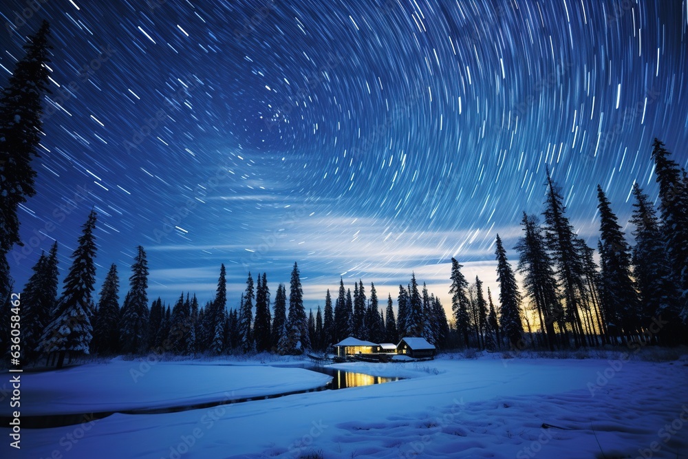 Winter landscape with starry sky