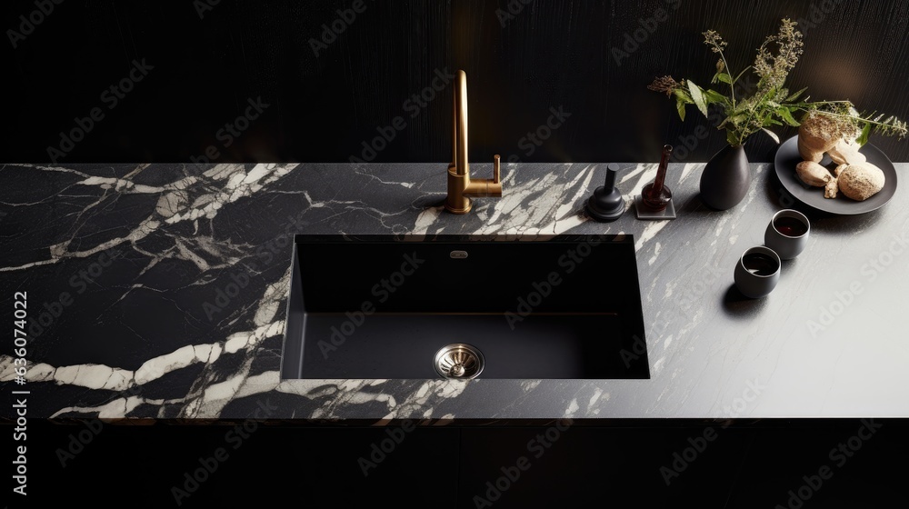 calacatta marble kitchen countertop minimal with undermounted sink matte black