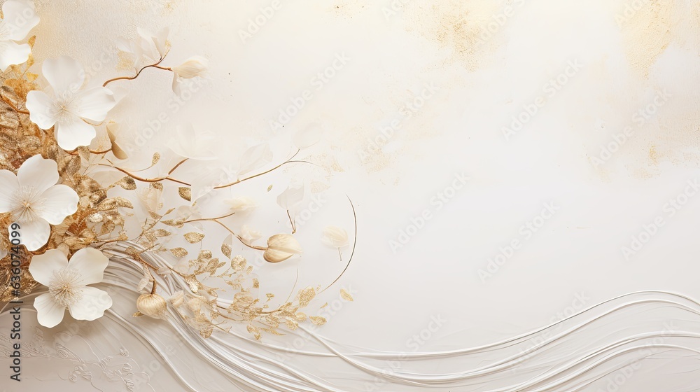 serene white textured background with gold swirl and white flower border