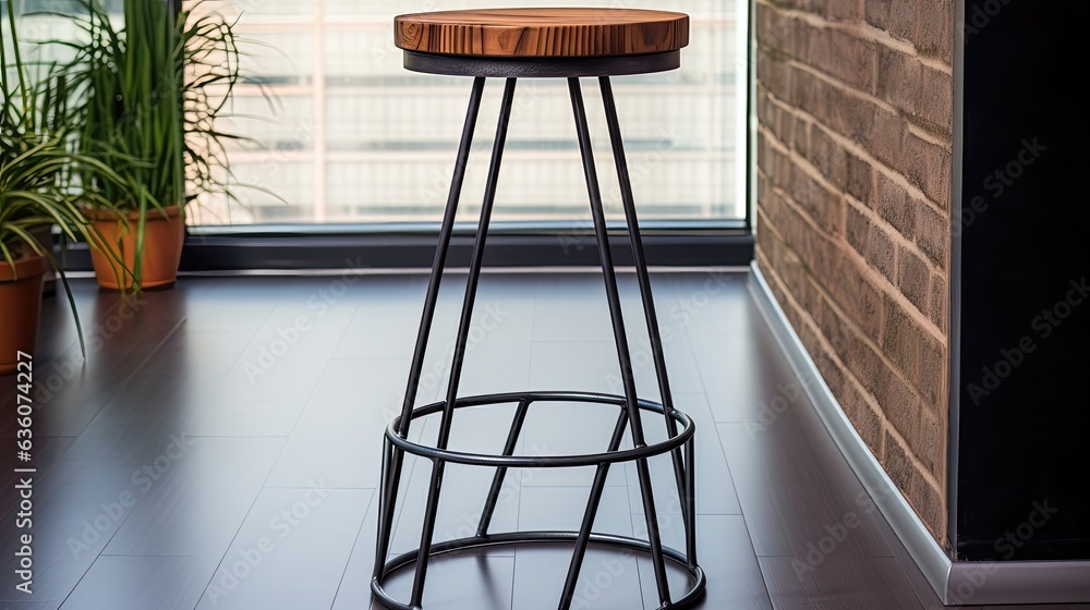 minimalistic bar chair from metal and wood very comercial, round iron plate