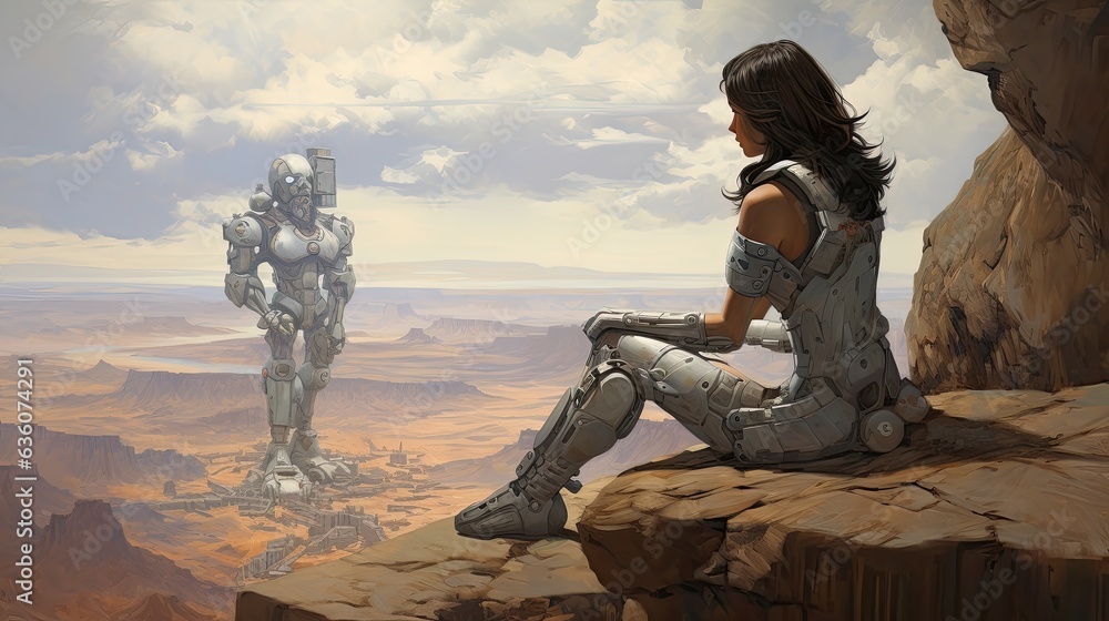 Image of an oil painting depicting a human woman explorer sitting on large rock on a hillside lookin