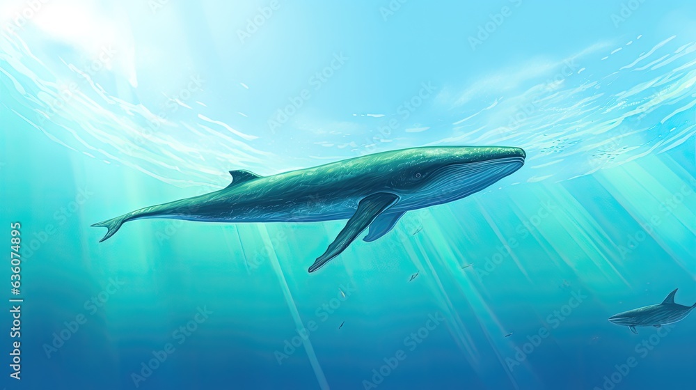 a blue whale swimming in a green ocean