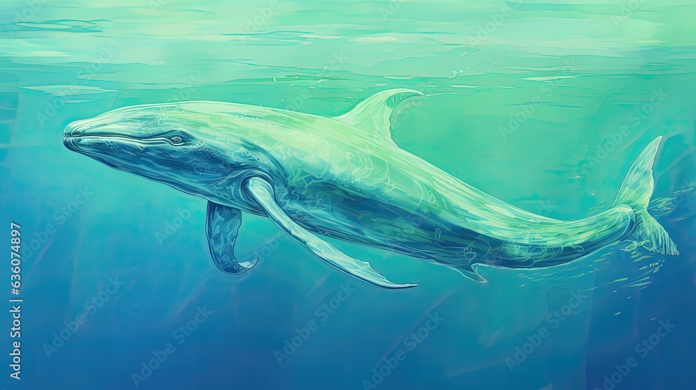 a blue whale swimming in a green ocean