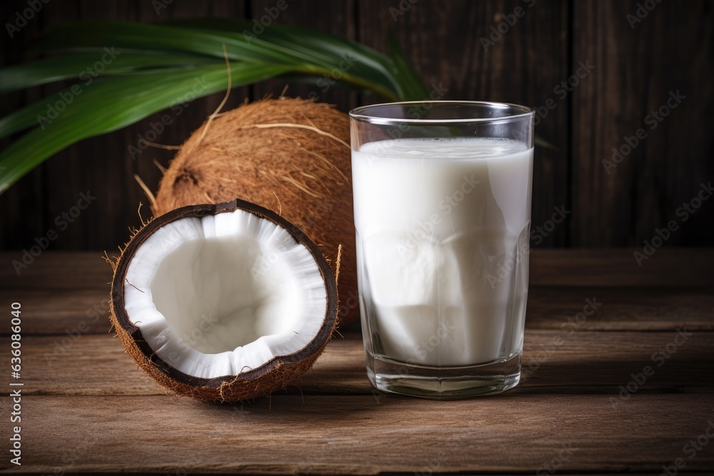 Coconut milk in glass on rustic wooden table top, close up view. 