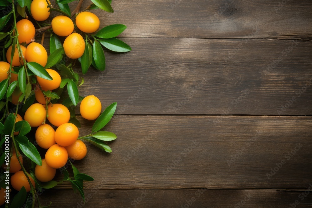 Kumquat citrus fruits on rustic wooden table top. Overhead view.