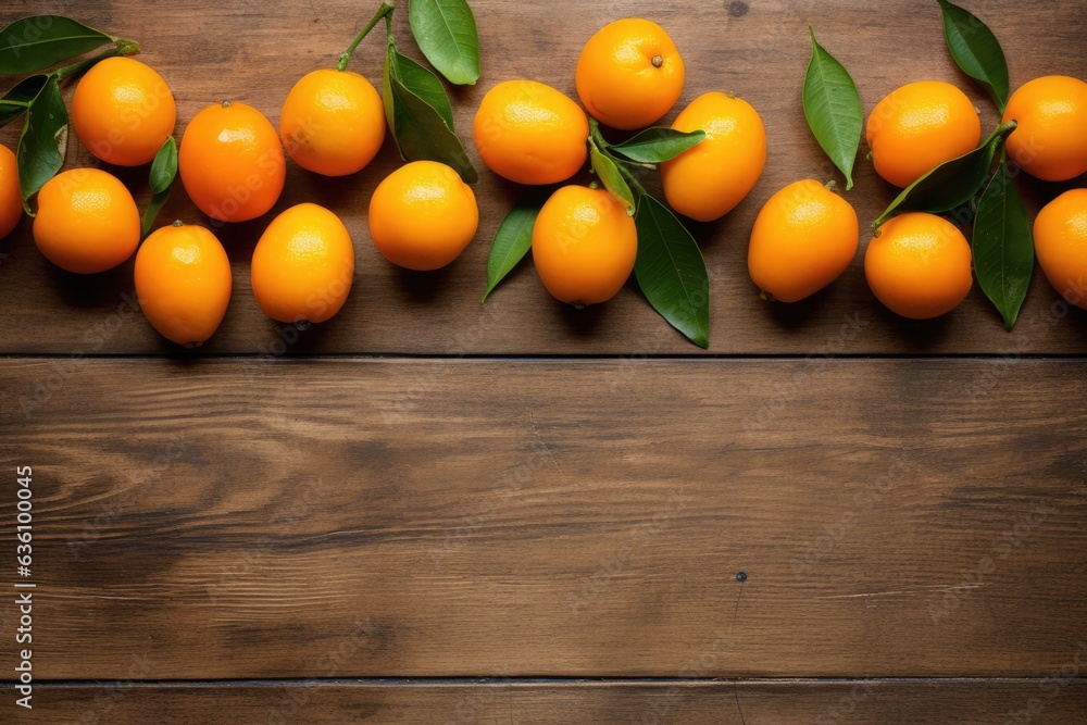 Kumquat citrus fruits on rustic wooden table top. Overhead view.