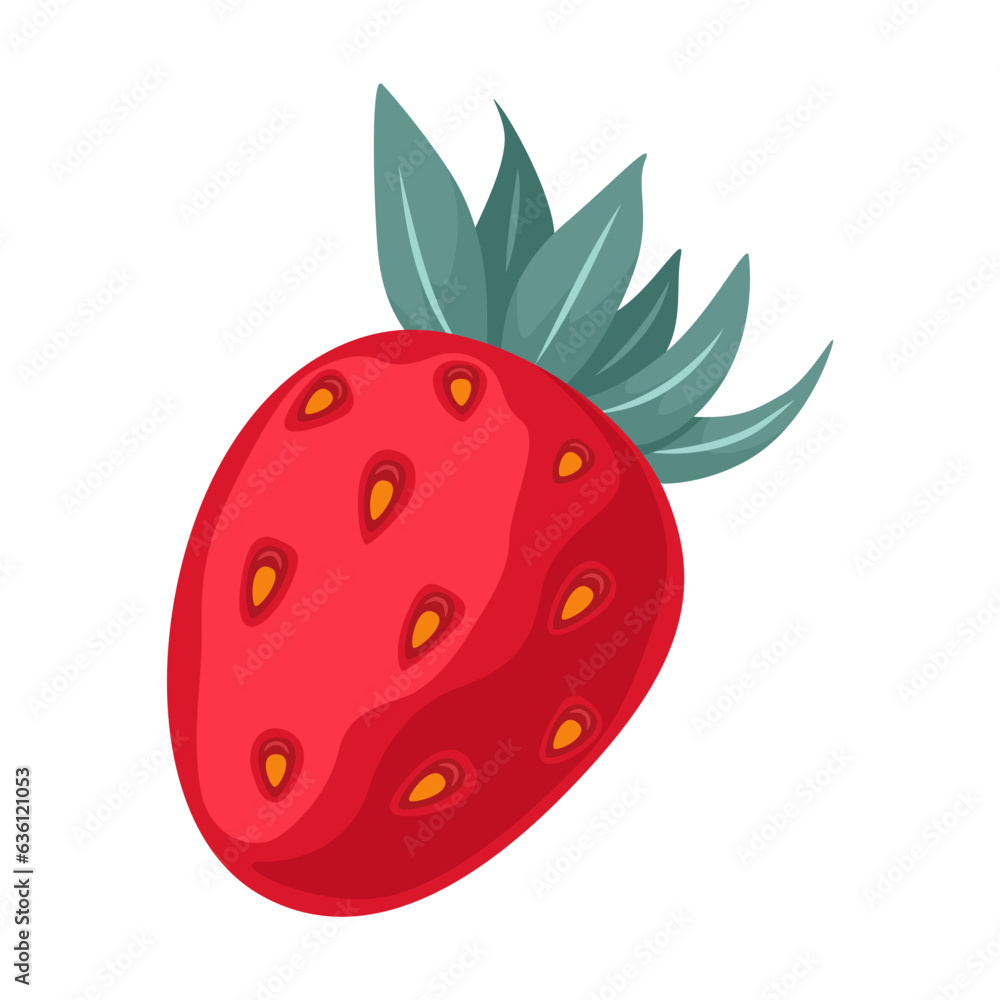 Cartoon drawing of ripe red strawberry on white background. Summer time element vector illustration.