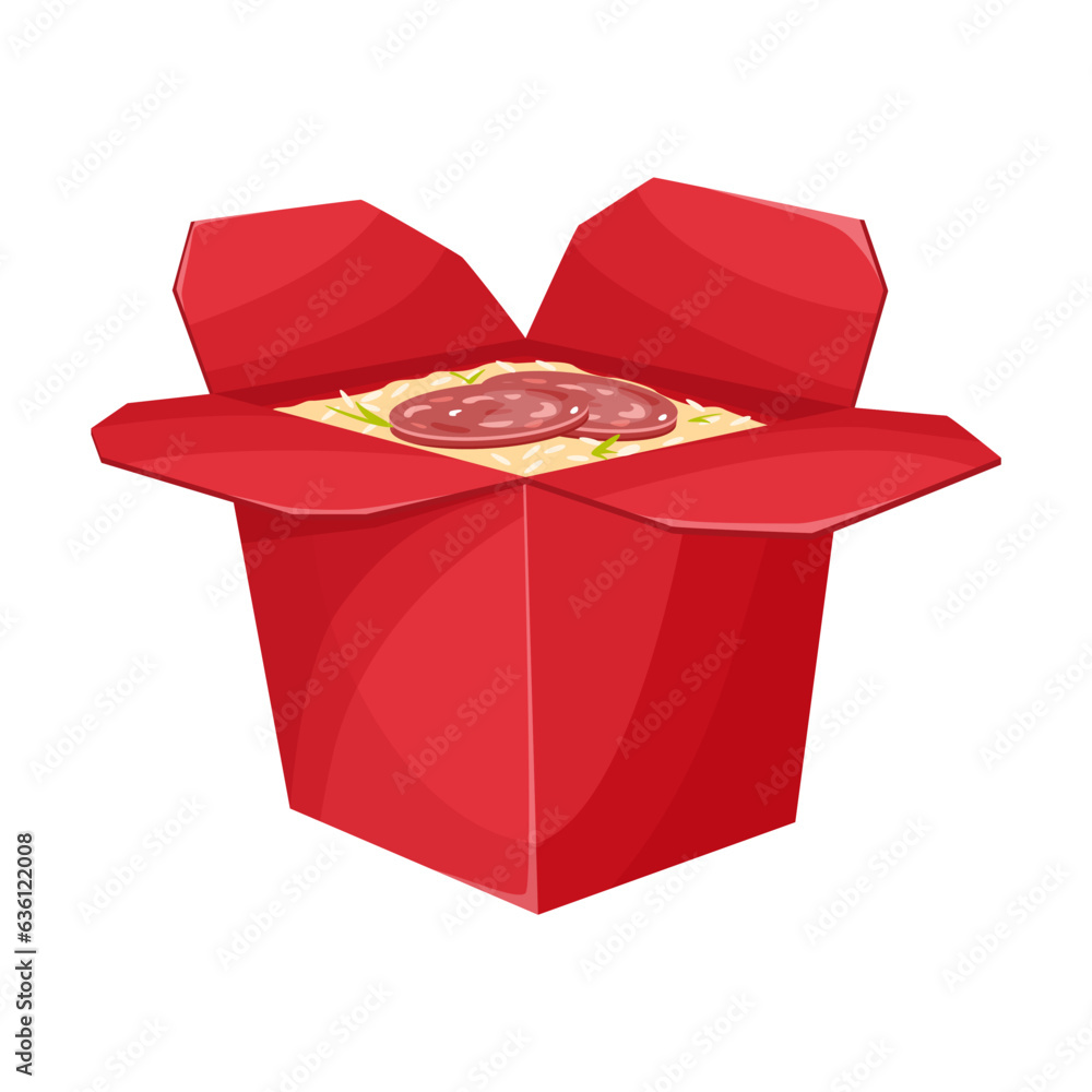 Takeaway carton box with Chinese noodles vector illustration. Cartoon drawing of lunch box with meal