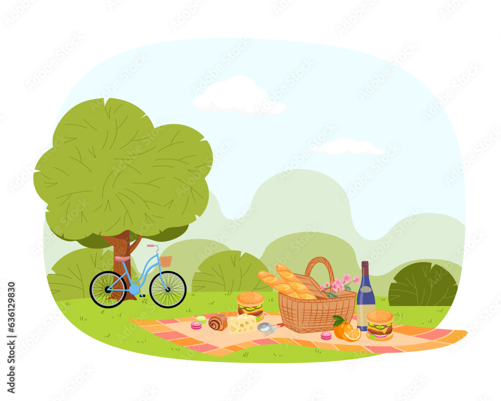 Park or meadow with picnic blanket and food vector illustration. Cartoon drawing of bicycle near tre