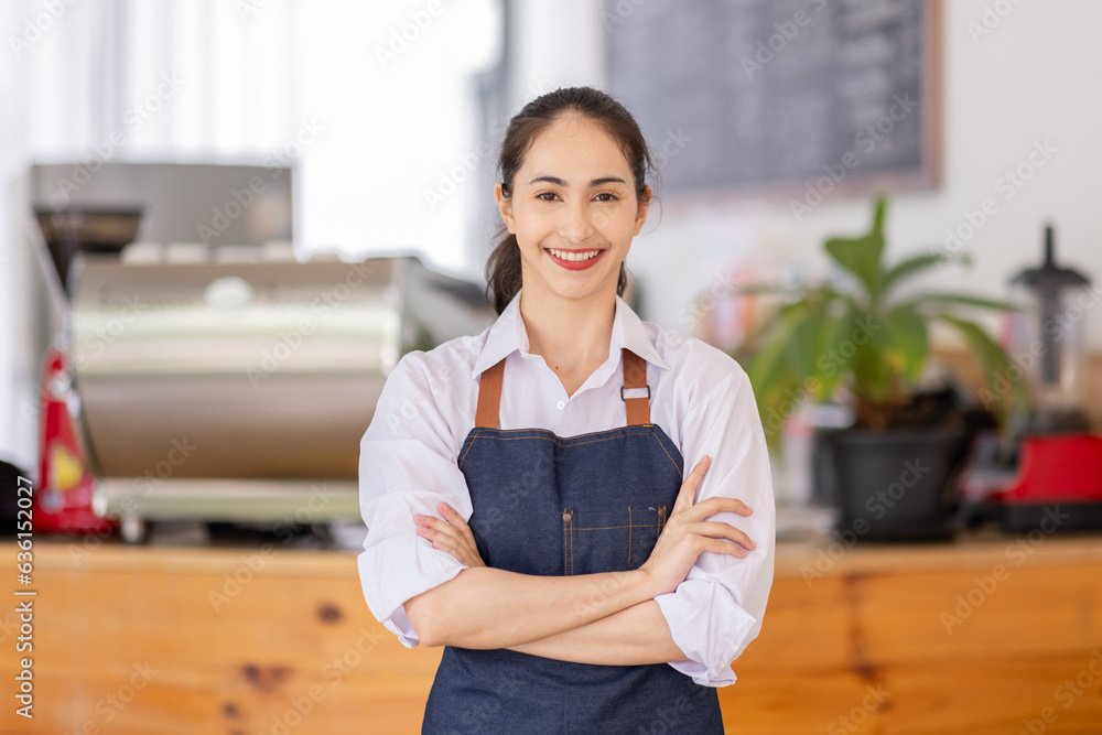 Portrait of asian smiling fun young woman barista barman employee wear brown apron and standing with