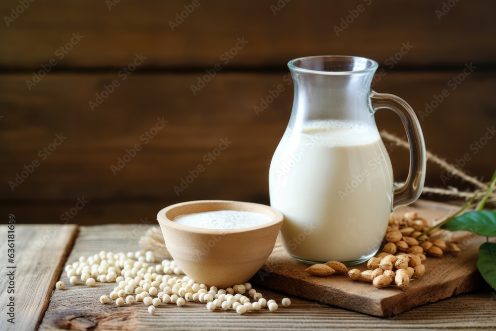 Soya bean milk in glass container on wooden background.