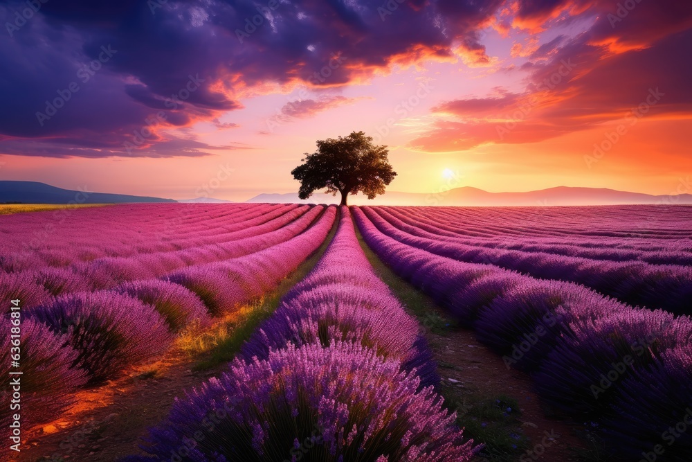 Lavender field at sunset in Valensole, Provence, France, Beautiful lavender field landscape view at 