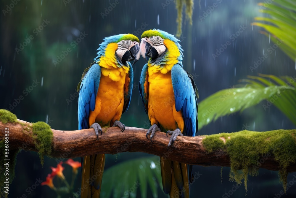 Two macaws sitting on a branch in the rain. Wildlife scene, Beautiful macaws in the jungle. Blue and