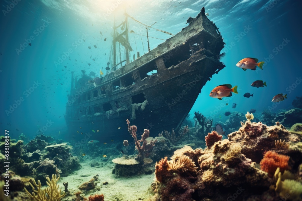 Underwater view of the wreck of an old ship on a coral reef, Beautiful underwater world with old shi