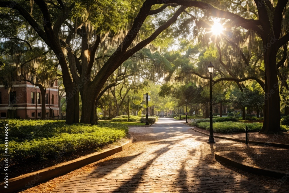 Sunlight streaming through old oak trees in a park in Florida. Beautiful savannah landscape view on 