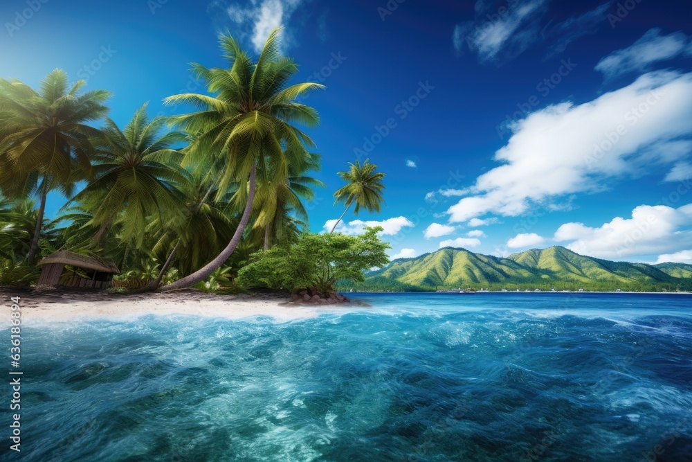 Beautiful seascape with palm trees and volcano on the background, Beautiful tropical island landscap