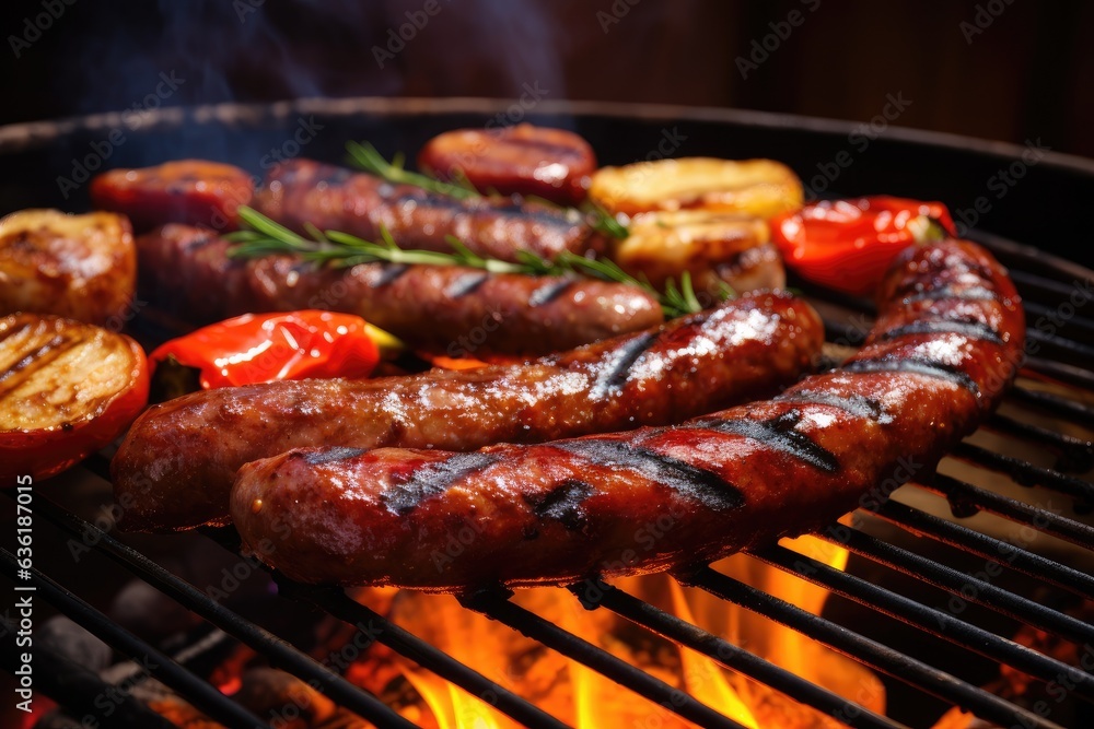 Grilled sausages with vegetables on the grill, closeup, Beef steak and sausages on barbecue grill, c