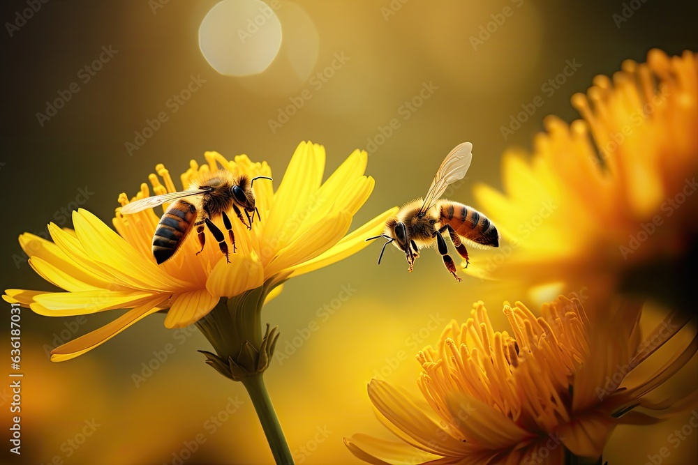 Honey bee collecting nectar on yellow daisy flower, closeup, Bees flying over a beautiful yellow flo