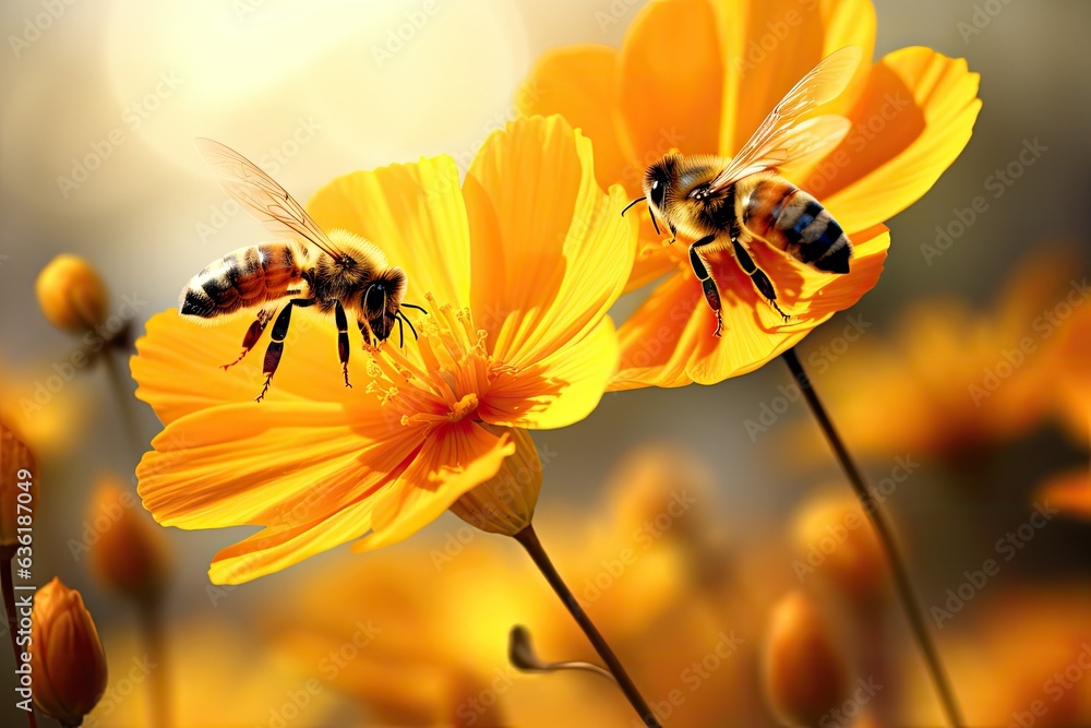 Honeybee and cosmos flower in the garden. Selective focus. Bees flying over a beautiful yellow flowe