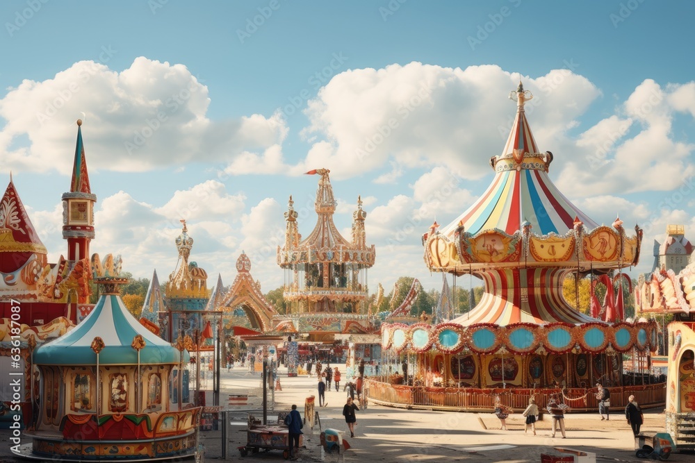 Unidentified people on the background of amusement park in Moscow. beertents and fairground rides on