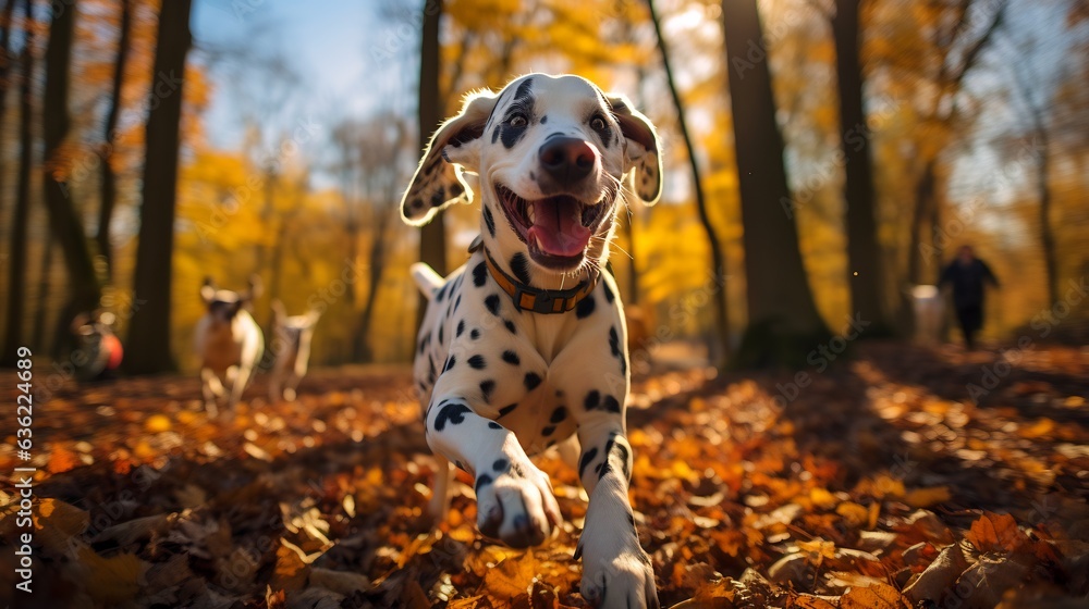 Dalmatian dog running through leaf covered forest.