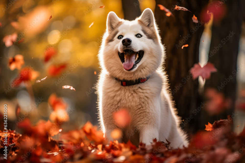 White and brown dog sitting in pile of leaves.