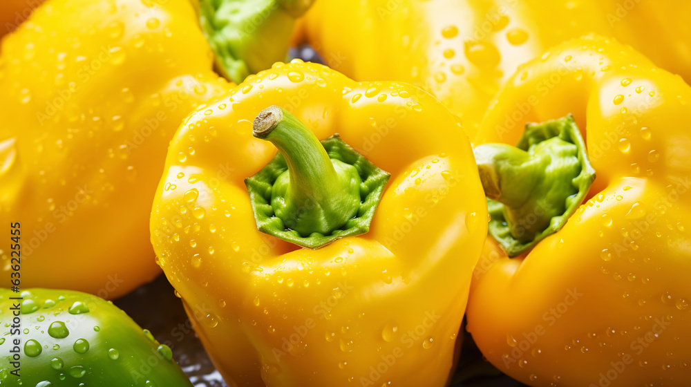 Fresh yellow bell peppers with water drops background. Vegetables backdrop. Generative AI