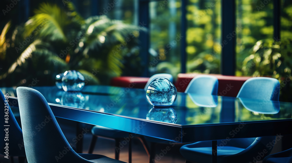 Modern minimalist corporate conference room with glass table in blue shades. Generative AI