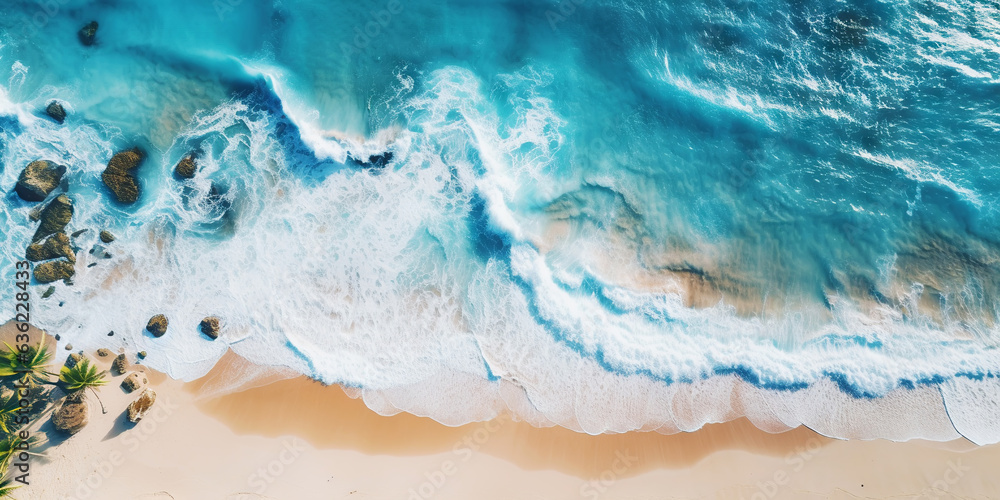 Aerial top view on sand ocean beach with palm trees. Summer vacation paradise concept. Generative AI