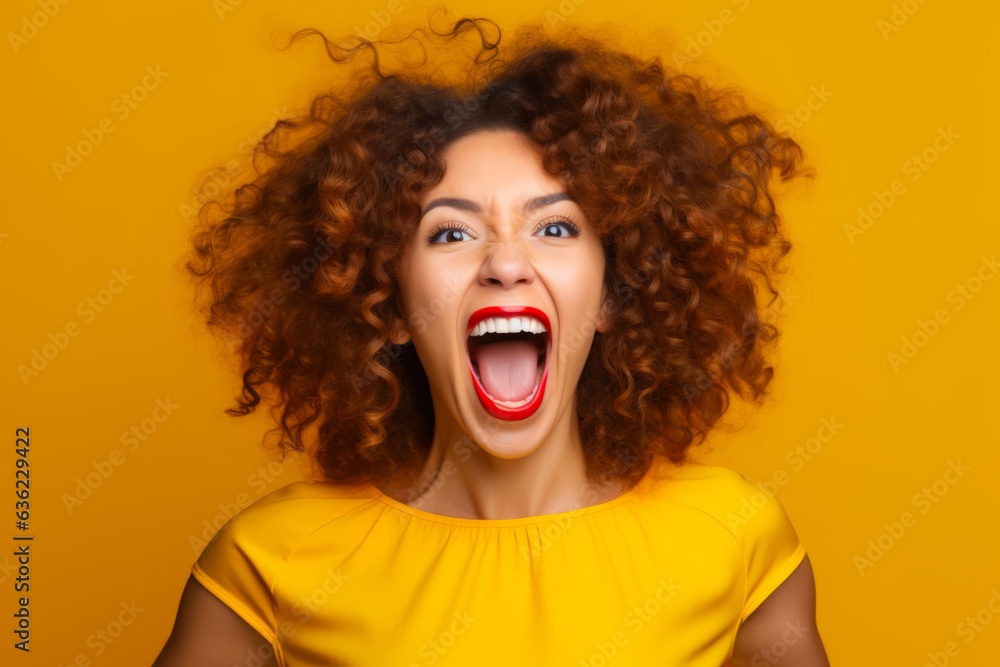 Woman with curly hair and yellow top is making funny face.