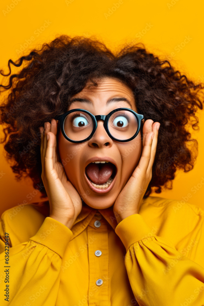 Woman with surprised look on her face with her hands to her face.