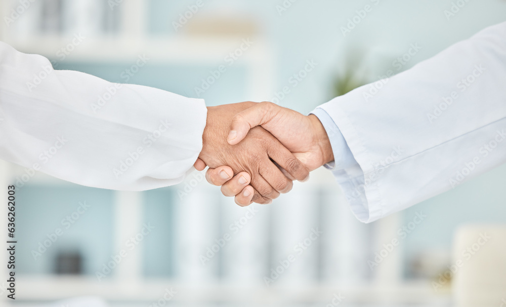 Handshake, partnership and people in healthcare with trust and help, communication and introduction 