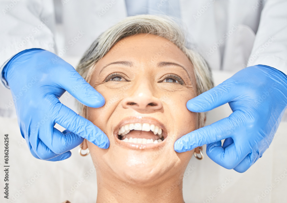 Senior woman, mouth and dentist hands with dental procedure, medical and healthcare with closeup. Or